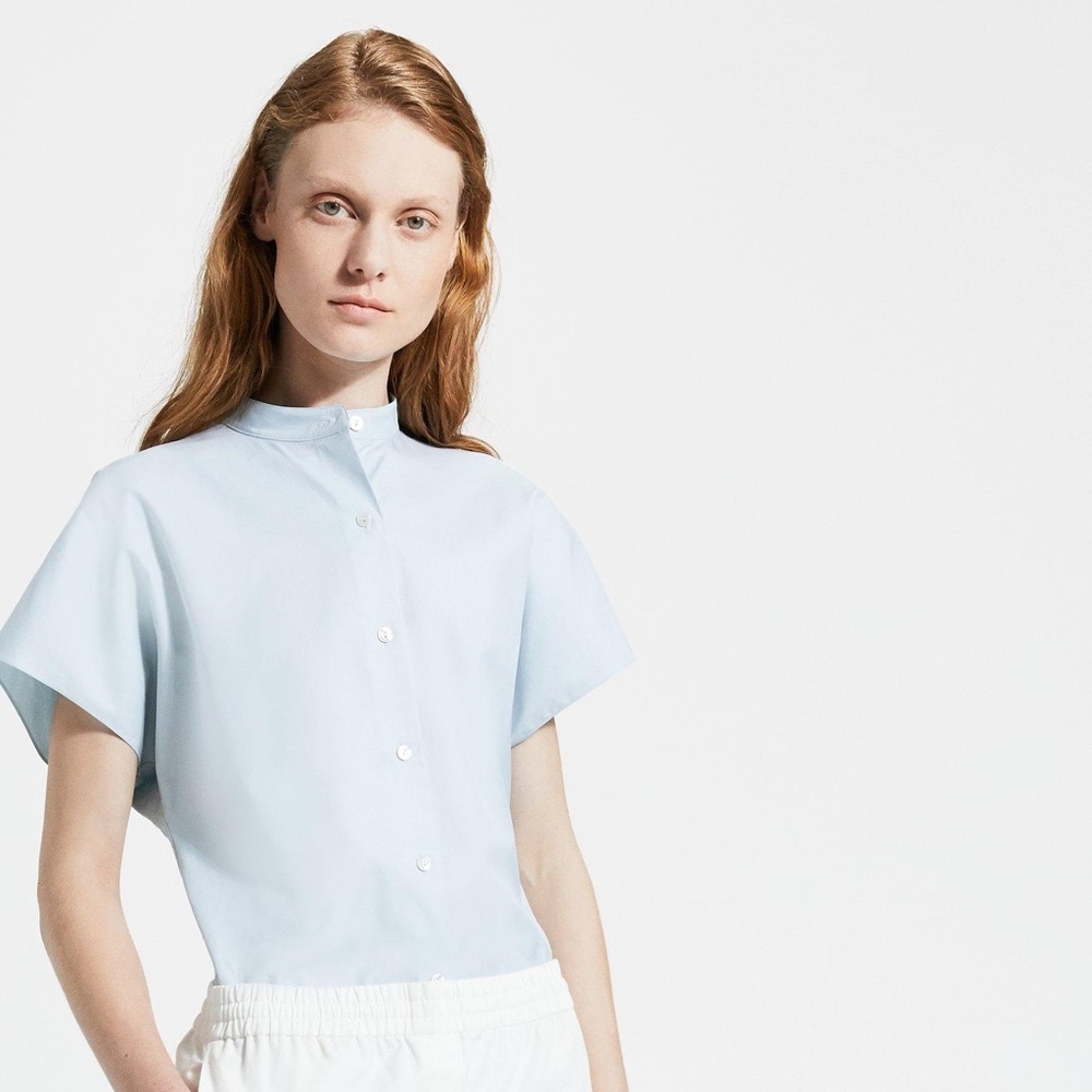 Theory Pale Blue Short-Sleeve Mandarin Collar Blouse